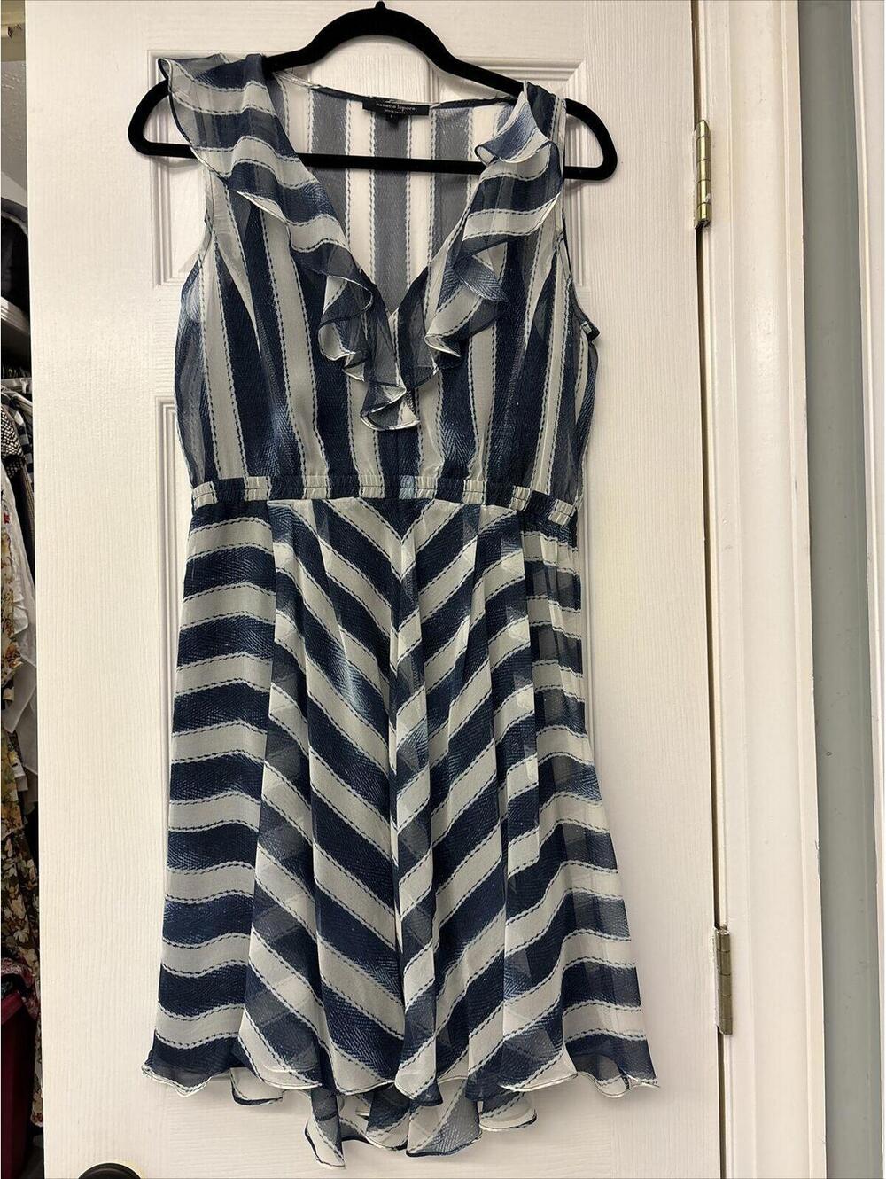 Nanette Lepore Silk Dress Size S  Navy Blue Stripe Sleeveless Knee Length